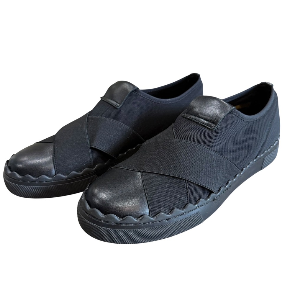 Sesto Meucci Slip On Sneakers Women's 42 Black Leather Woven Fabric Made Spain